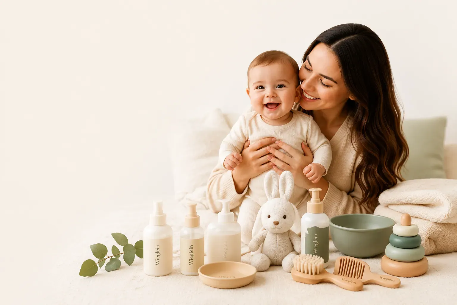 A mother holding her smiling baby surrounded by thoughtfully designed baby-care essentials
