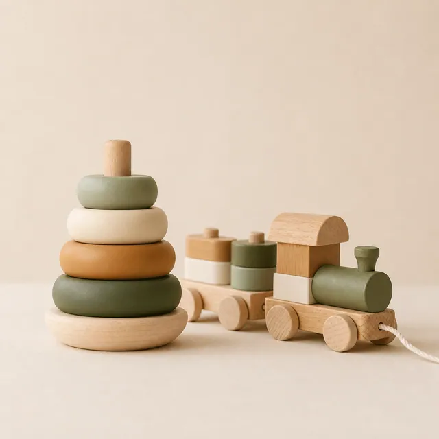 Wooden stacking rings and toy train