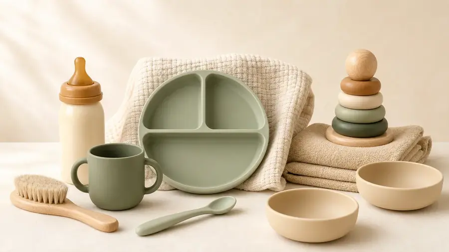 Sage and cream baby feeding essentials arranged with soft towels and a wooden stacking toy